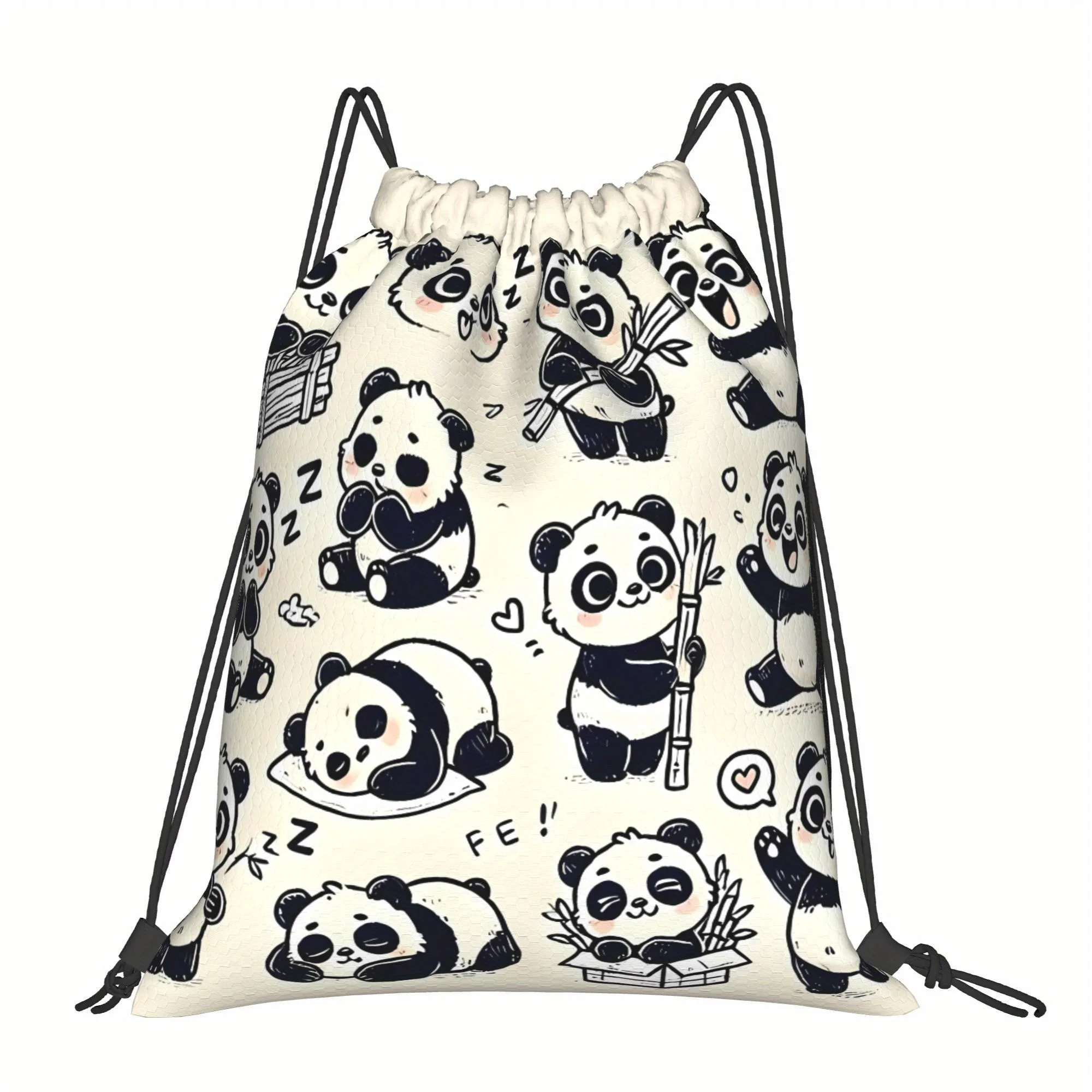 Cute Panda Doodle Drawstring Backpack, Durable & Lightweight, Fitness Hiking Travel Storage Bag
