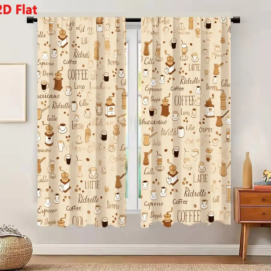 2Pcs Curtains 2D Flat Seamless Coffee Pattern With Hand Drawn Cups Pots Beans And Text On Beige Background Window Drapes for Bed