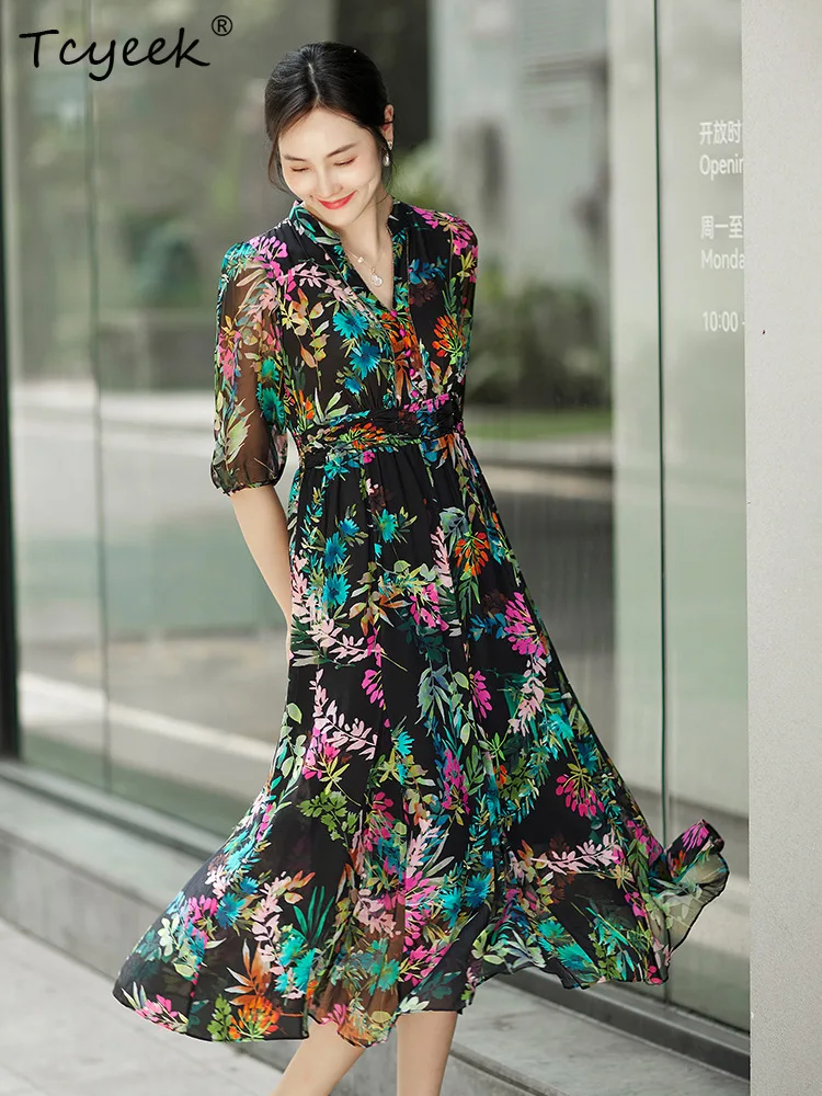 Tcyeek, 100% 리얼 실크 우아한 드레스, 여성 하프 슬리브 꽃 프린트, 복고풍 패션 OL 드레스, 2024 봄 여름 새로운 D44072QM