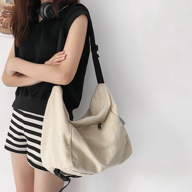 Leisure Canvas Shoulder Bag For Women Simple Solid Color Large Capacity Crossbody Bag Tote Female College Student Travel Bookbag