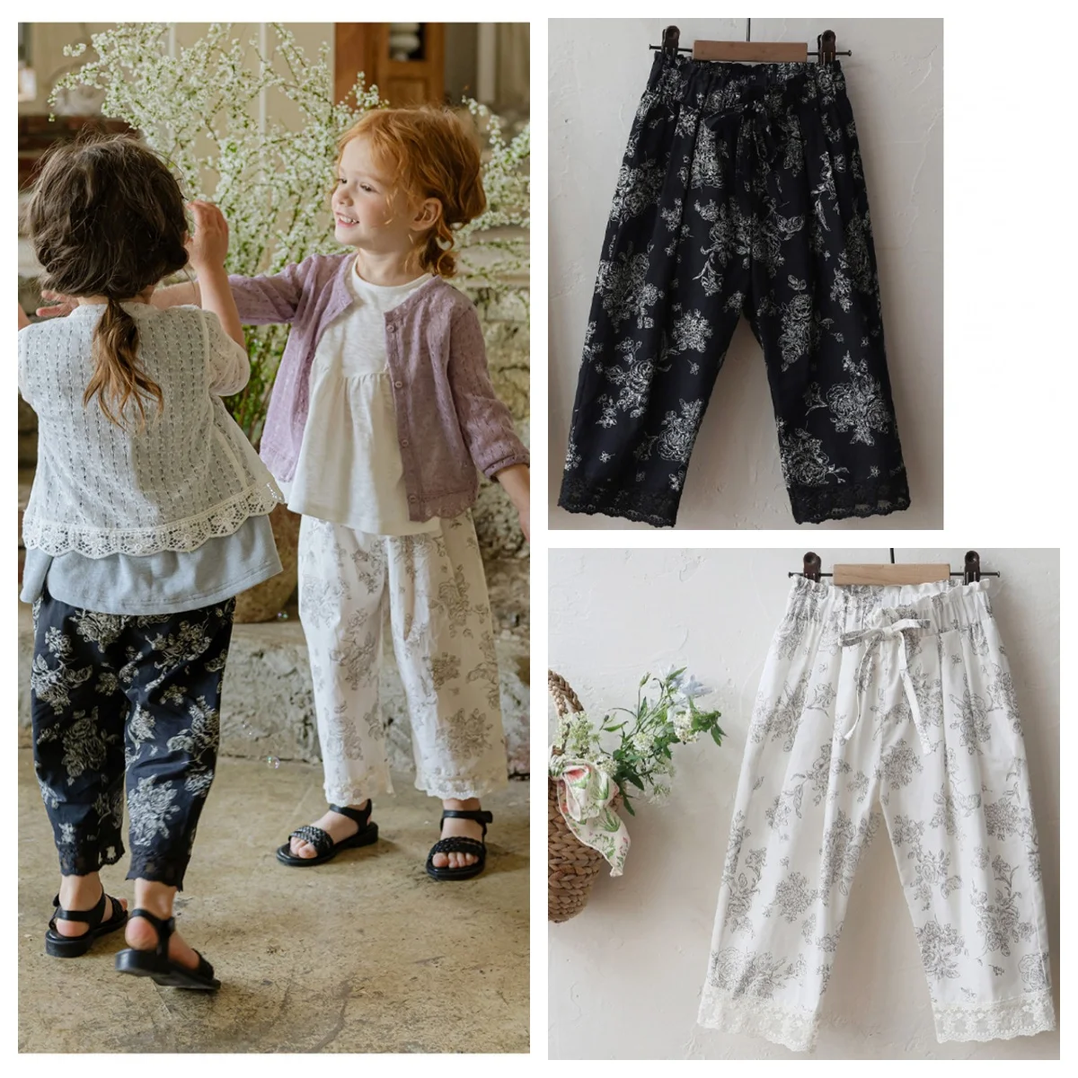 

Girls Children Clothes Flowers Cotton Kid Thin Vintage Lace Trousers Mosquito-Proof Long Pant