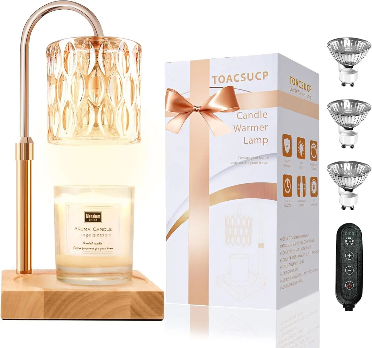 

Candle Warmer Lamp with 3 Bulbs, Adjustable Height, Dimmable Timer, Gift Box for Women, Housewarming Decor