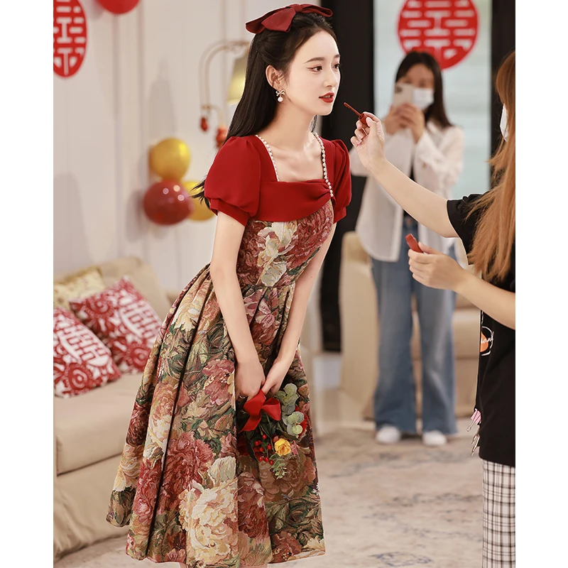 

Red Wedding Dress Korean Style Short Sleeve mid Waist Fit for Engagement Return Home Ceremony Daily Wear High End Feeling