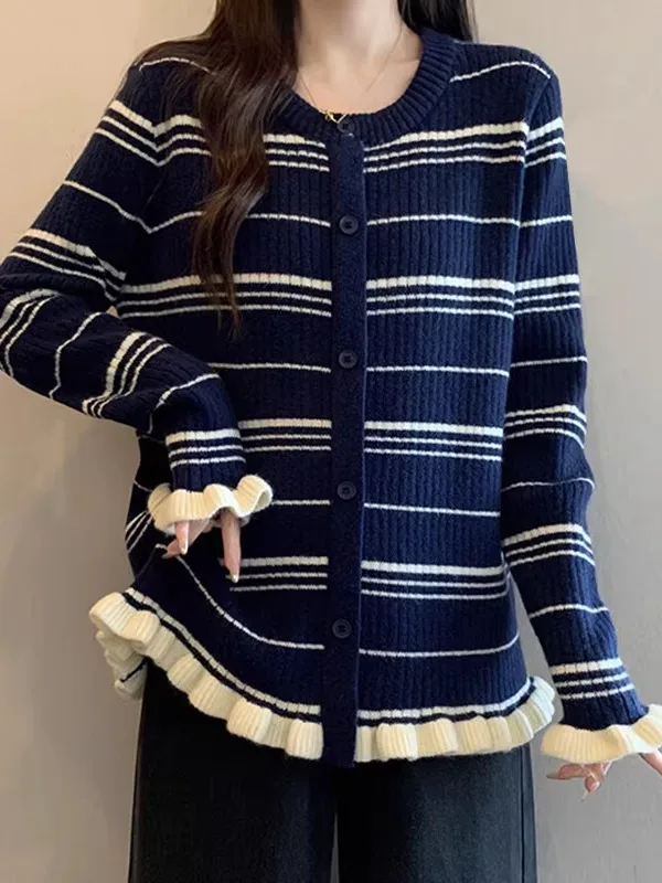

Dark Blue Striped Flared Sleeve Knitted Sweater Women's Shoulder Width Regular Spring Large Size Fat MM Lace Hem Top