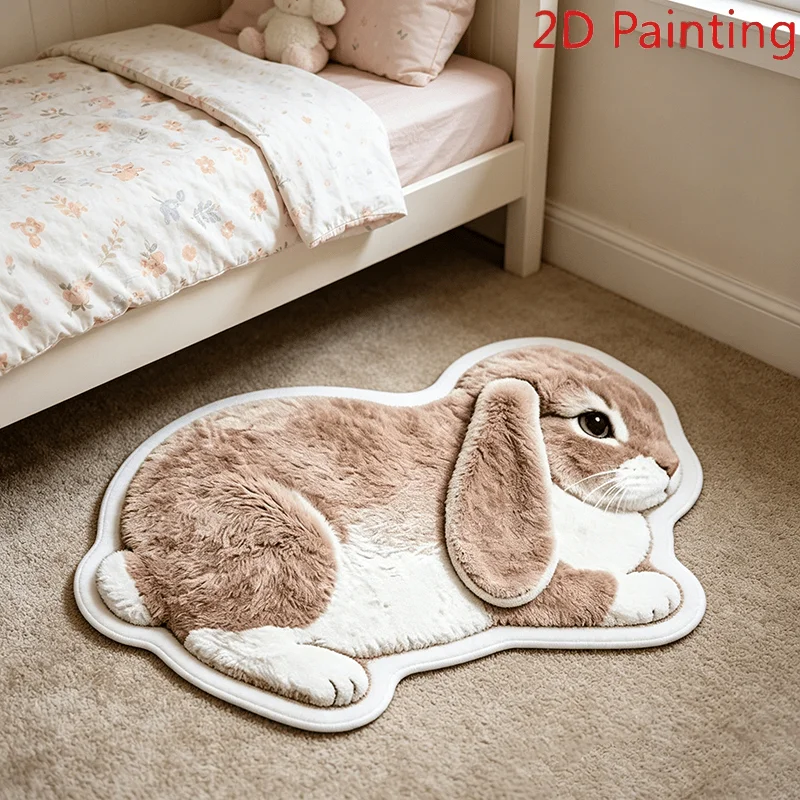 VIKAMA Lying Flop Ear Rabbit Shaped Rug 2D Faux Fur Print Non Slip Irregular Living Room Bedroom Cute Animal Floor Mat