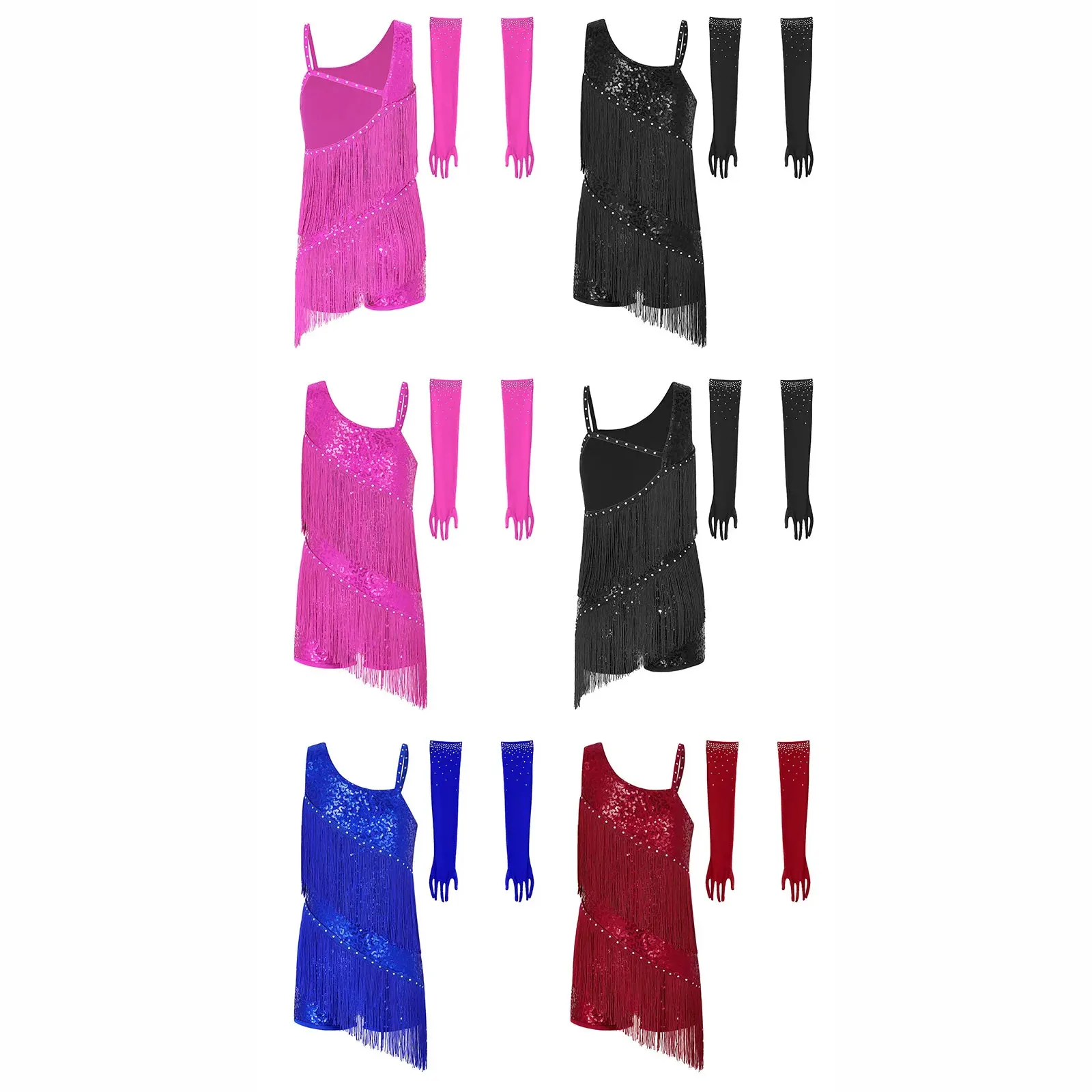 Sequins Latin Dance Dress for Girls Kids Tassel Leotard Dress Professional Dancing Competition Chacha Rumba Tango Costume+Gloves