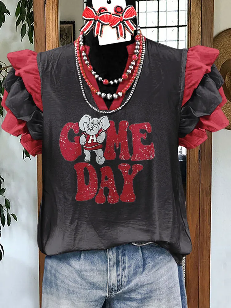 Blusa Gameday de camisa de manga com babados de elefante fofo