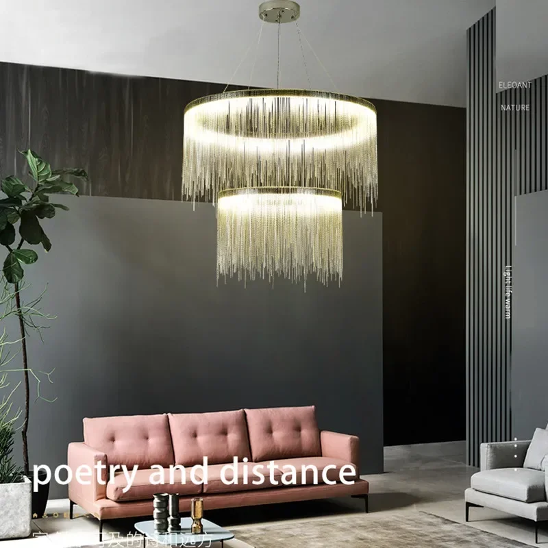 

Italian Post-modern Round Living Room Chandelier Creative Light Luxury Chain Tassel Restaurant Bedroom Lamp Clothing Store