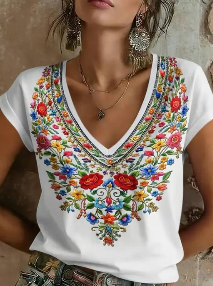 Women V Neck Short Sleeve T-shirt Ethnic Colorful Floral Embroidery Effect Print Fit Casual Summer Travel Ladies Graphic Top