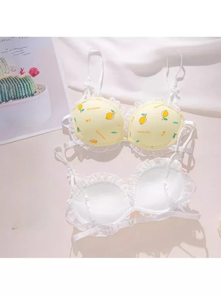 

Летнее тонкое нижнее белье с рисунком клубники MOYISU 100%, Лолита, с маленькой грудью, без косточек, с открытой спиной