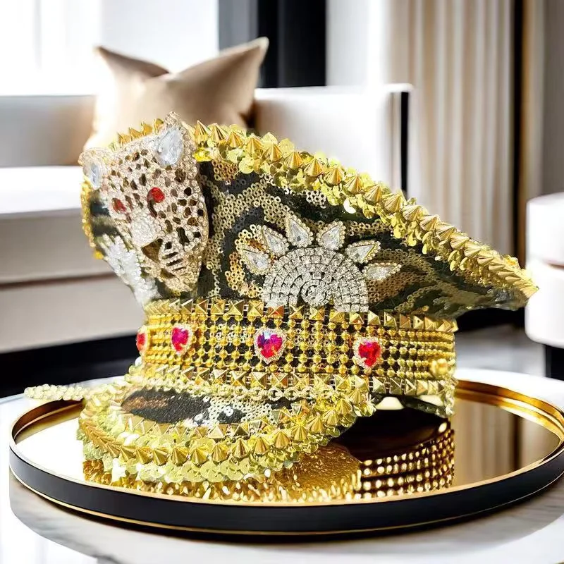

HongLuan Golden Steampunk Captain Hat Rhinestone for Burningman Festival Woman, Vintage Military Assessories & Military Cap