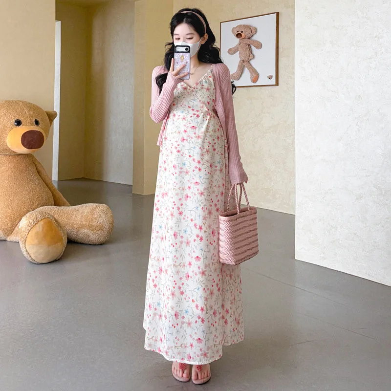 maternity-suit-summer-french-pastoral-style-floral-print-spaghetti-strap-dress-and-pink-cardigan-for-pregnant-women-2026