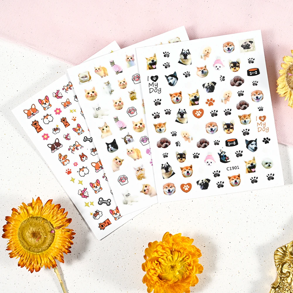 3D Cute Dog Corgi Shiba Inu Nail Art Sticker Cartoon Cats Animals Design Slider Nail Supplies DIY Nails Decoration Manicure Wrap