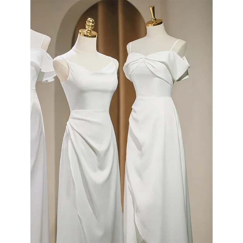 P32 White satin bridesmaid dress with strap