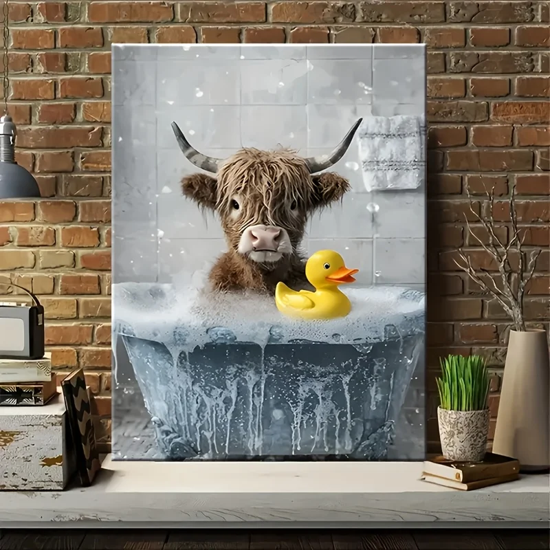 55X80CM 1pc Highland Cow in Bathtub Framed Canvas Wall Art with Ducklings - Rustic Farmhouse Decor Suitable for Country Livi