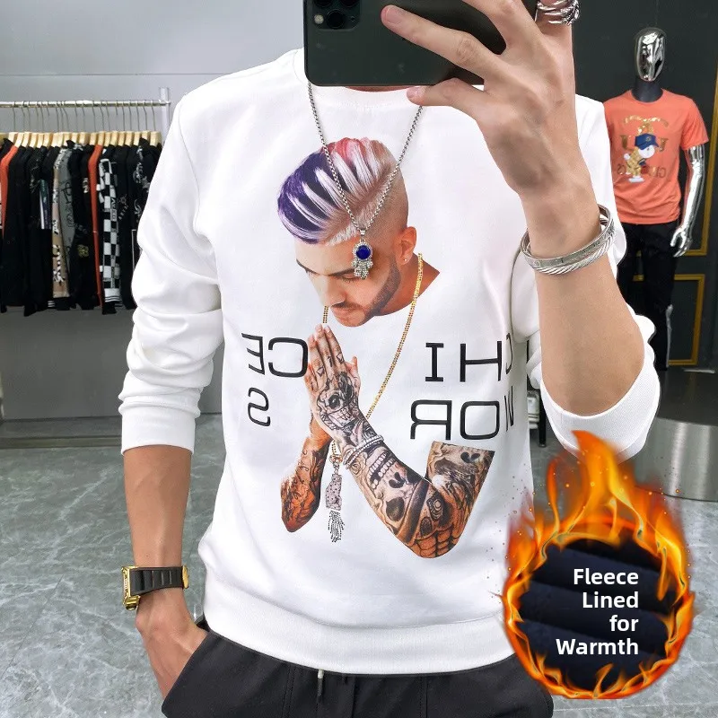 

Trendy Thiened Fce Hoodie Long Sve round Ne Print Casual Men's Winter Sweatirt Comfortable Breathable Antibacterial
