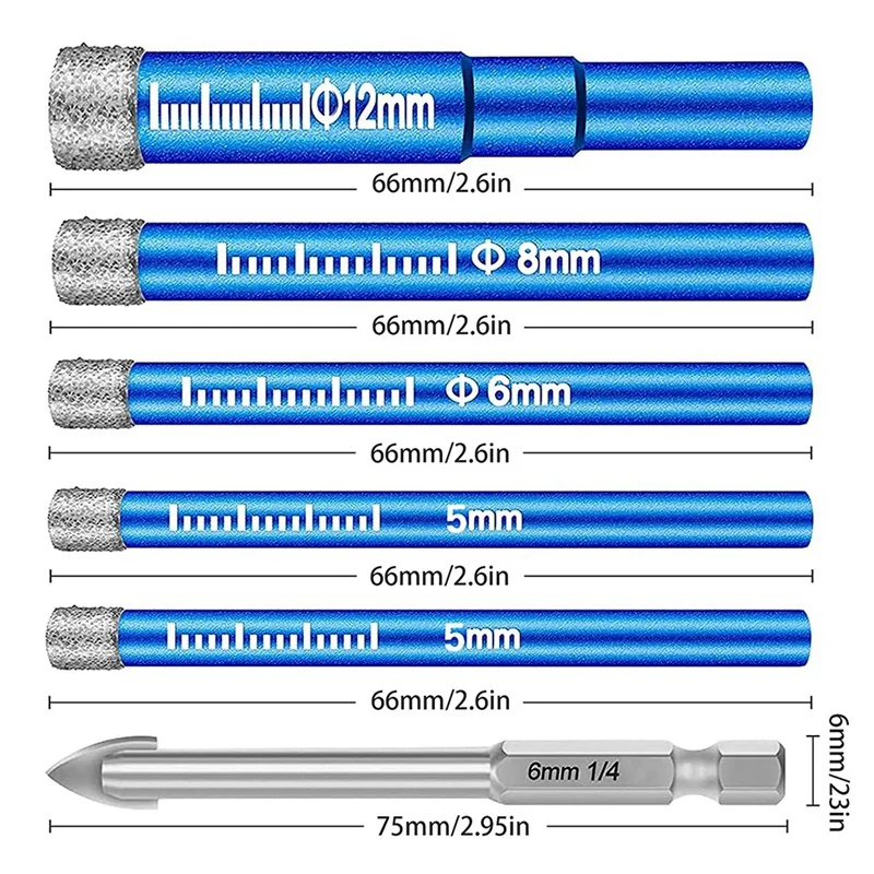 مجموعة مثقاب البلاط، لقمة مثقاب ماسية مكونة من 6 قطع، مثقاب بلاط 5-12 مم، لقمة مثقاب ماسية لبلاط بورسلين جرانيت السيراميك