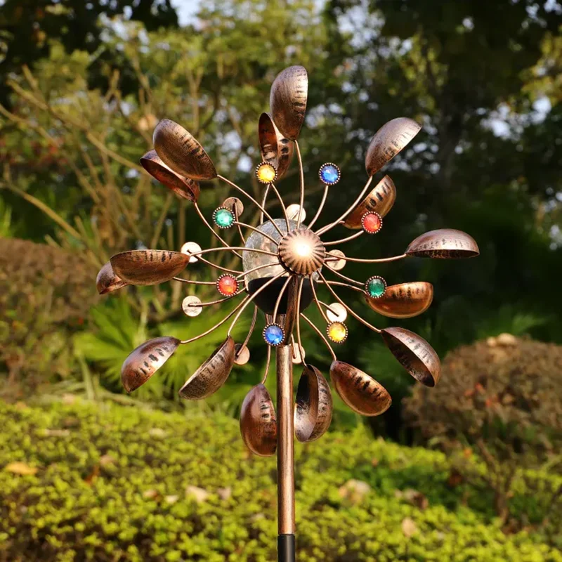 Outdoor Metal Windmills Garden Ornament Solar Led Light With 360 Degree Rotation Iron Wind Spinner Decor Garden