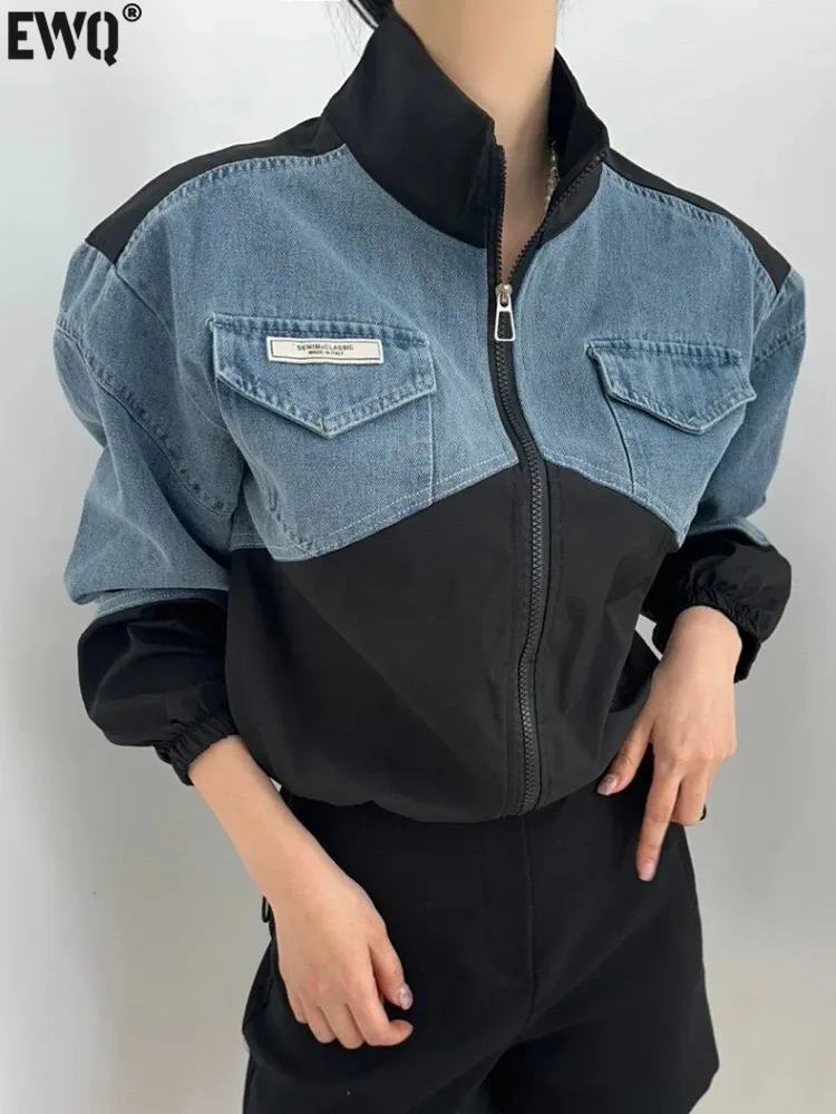 [EWQ] Vintage Fashion Long Sleeve Spliced Contrast Colors Short Denim Jackets Casual Women Jeans Coats 2024 Autumn New 16O1677