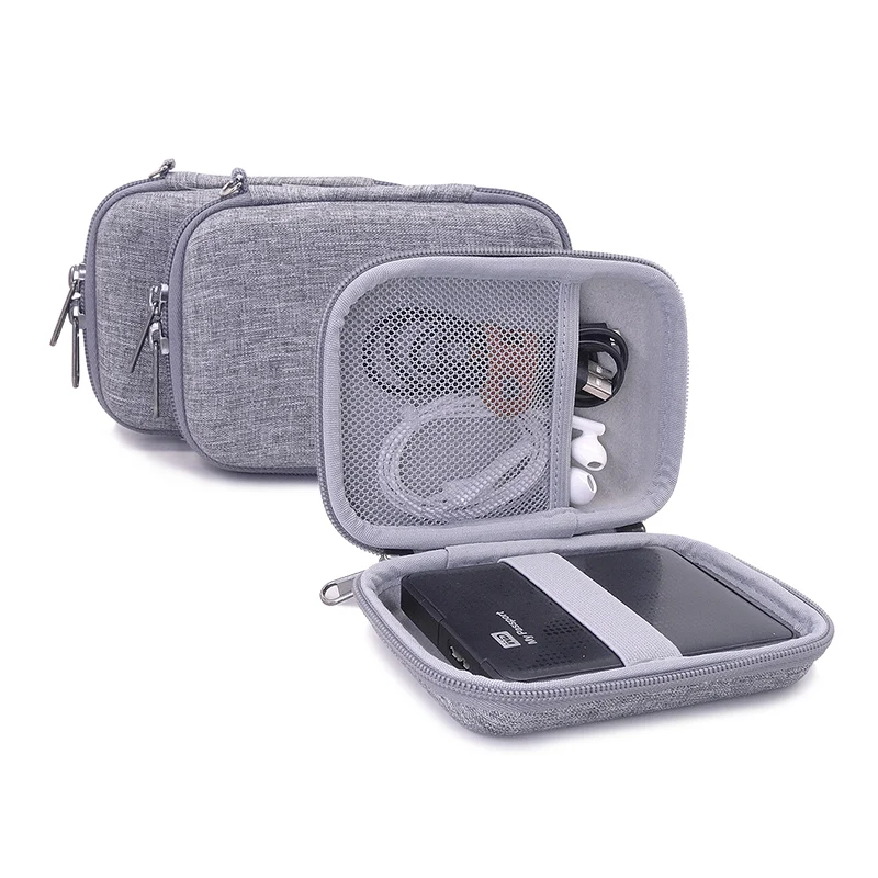 Grey Linen Hard EVA Case for Tech Accessories, Compact Travel Pouch with Mesh Pocket and D-Ring, Shockproof Gadget Storage Bag