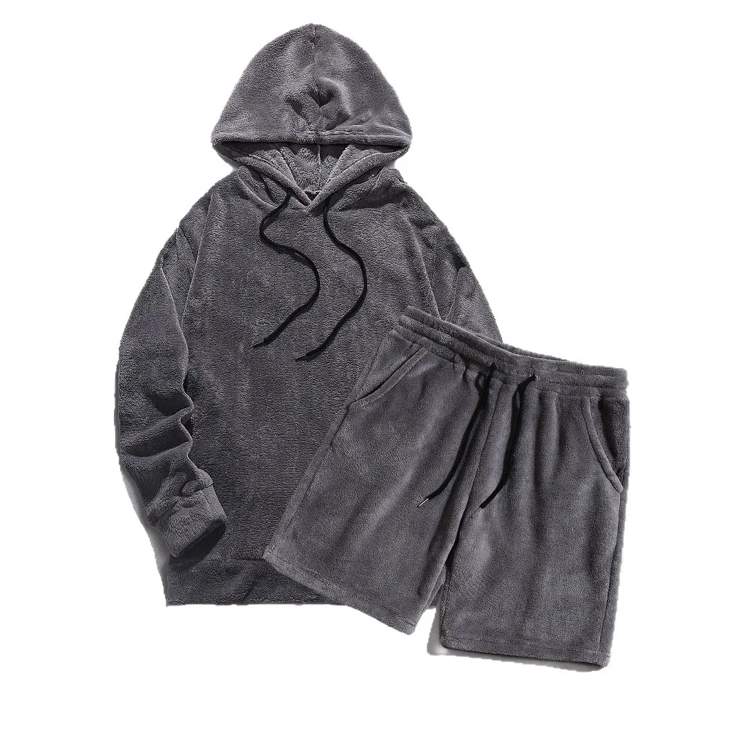 

EU Size Autumn Winter Plus Size Hooded Mens Casual Fashion Coral Fleece Jacket Shorts Set Streetwear Lounge Two Piece Outfit