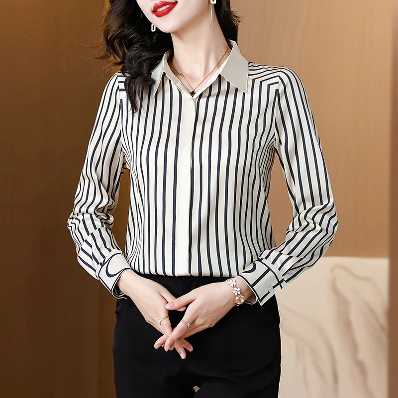 

New 2024 Chiffon Summer Women's Blouse Casual Fashion Advanced Temperament Simplicity Tops Stripe Printing Long Sleeved Shirt