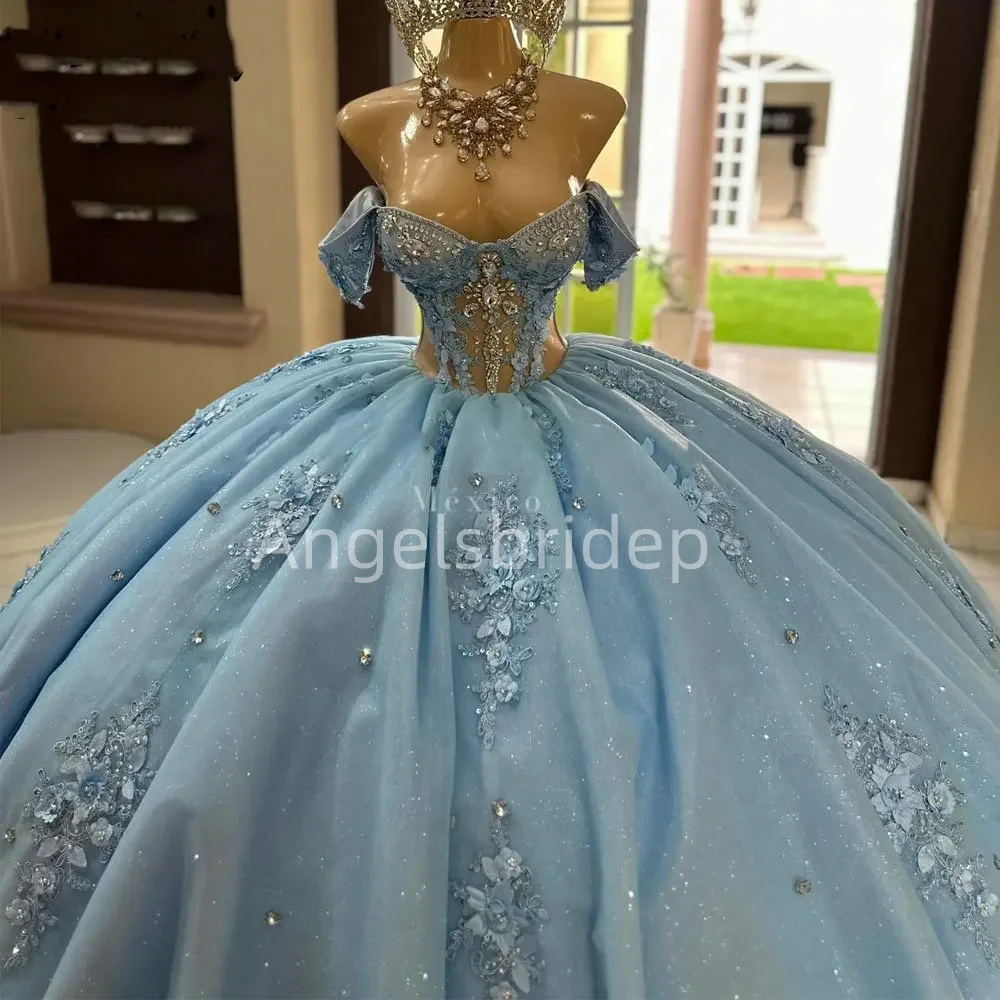 Angelsbridep Customized Blue Ball Gown 15 Year Old Quinceanera Dresses 2025 Glitter Tulle Crystal Off Shoulder Evening Dress