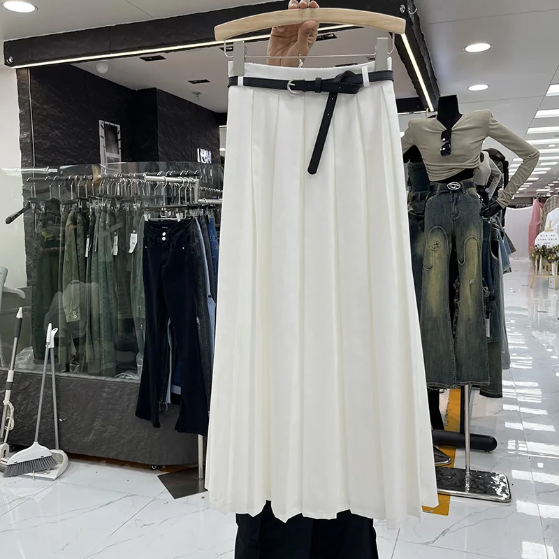 KUSAHIKI Korean Autumn 2023 College Style Pleated Skirt Fashion Elegant High Waisted with belt vausal Suit A-line Long Skirts