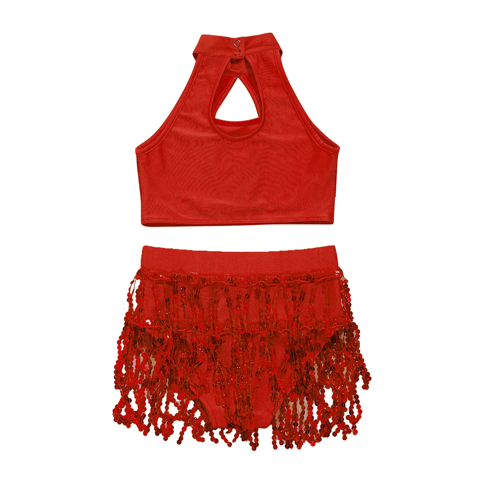 Kinder Mädchen Gymnastik Künstlerisches Skating Kostüm Pailletten Ballett Jazz Latin Samba Tanz Outfit Hohl Neckholder Crop Top Fransen Shorts