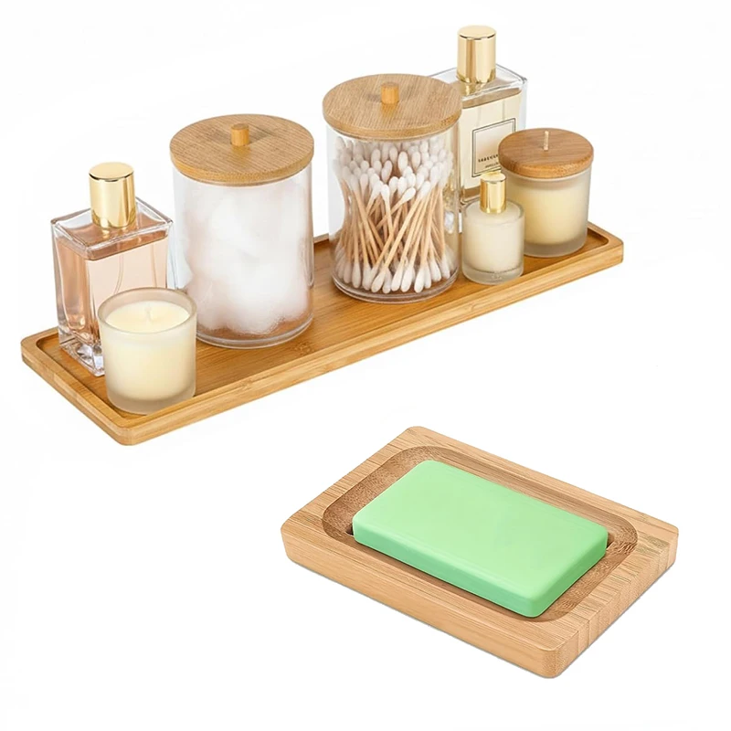 2pcs Bamboo Bathroom Accessories Set with Soap Dish Holder - Natural Bamboo Tray for Bathroom, Kitchen Counter, Shower, and Sink