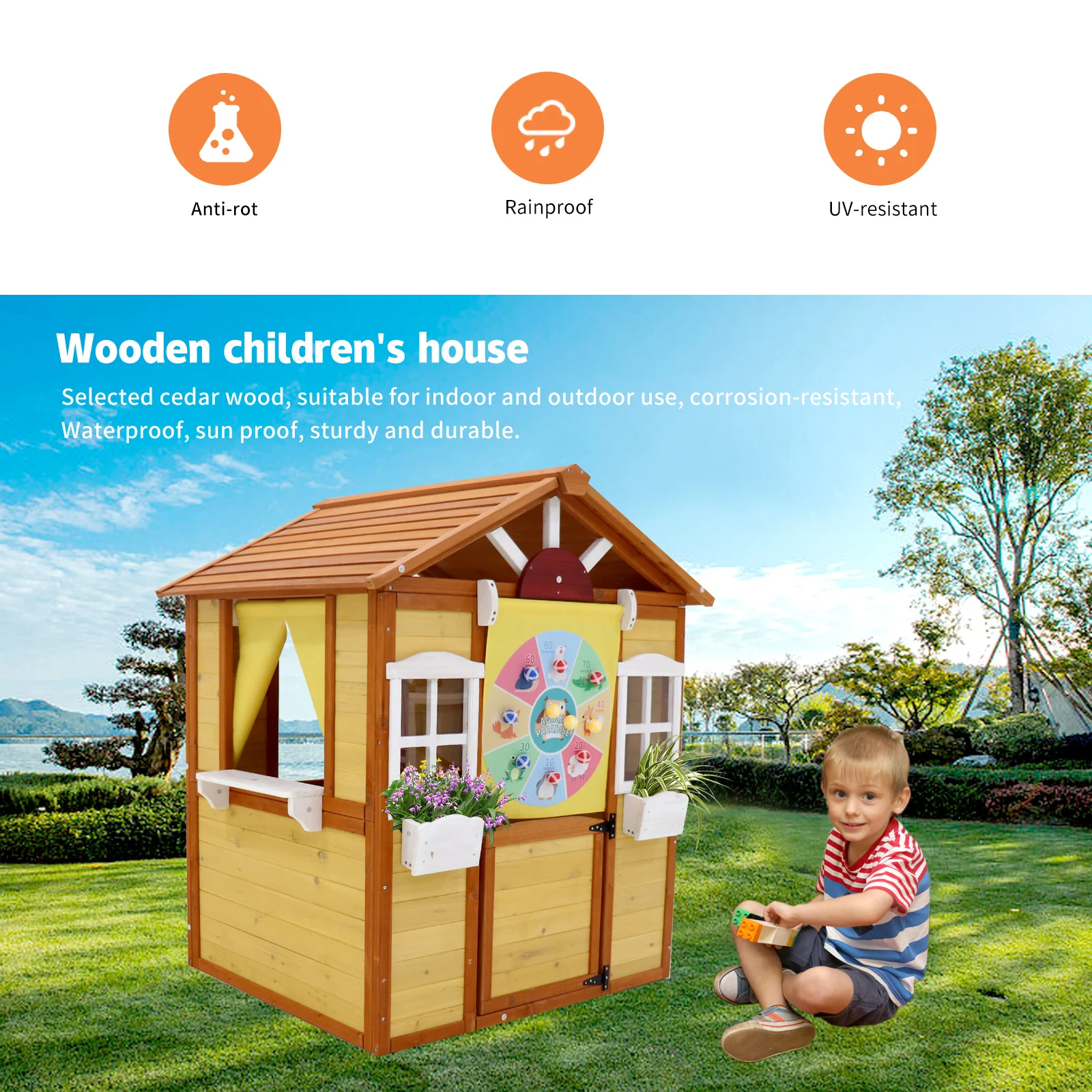 Outdoor Playhouse for Kids Wooden Cottage with Working Doors Windows Pretend Play House for Age 3-8 Years