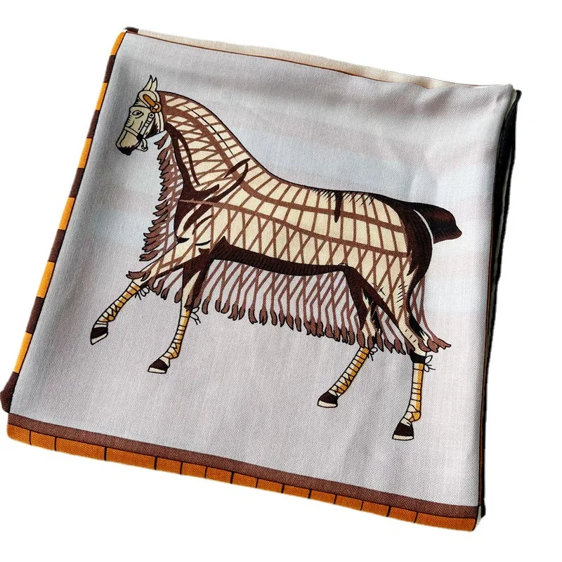 10 Horse Wool Silk Scarf Hem Roll Animal Print Large Warm Luxury Square Stole Women Shawl Rolling Edges Bandanas