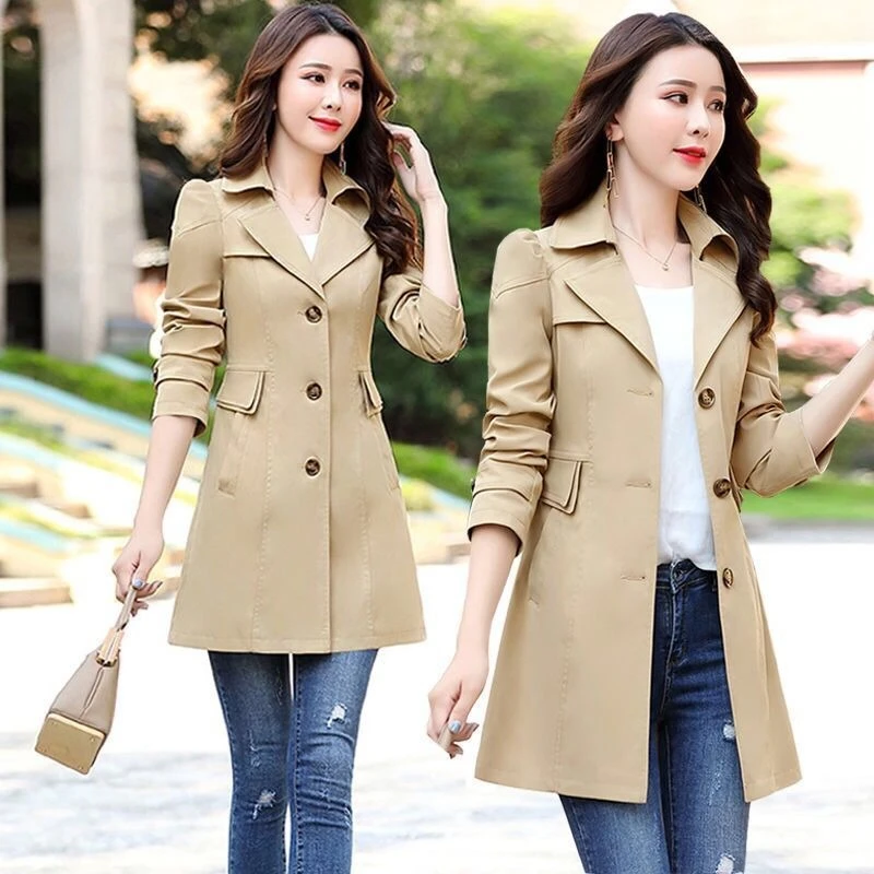 

Women's Spring New Arrival Lined Mid Length Trench Coat Single Breasted Solid Color Versatile Outerwear for Spring Autumn