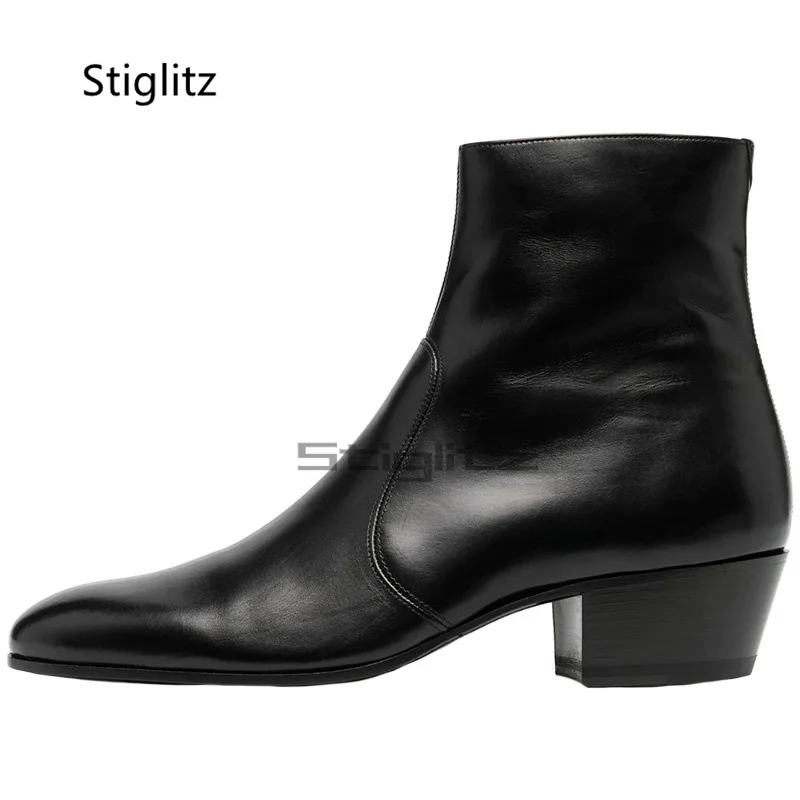 Black Genuine Leather Ankle Boots for Men Pointed Toe Chelsea Boots British Style Med Heel Business Dress Wedding Male Shoes