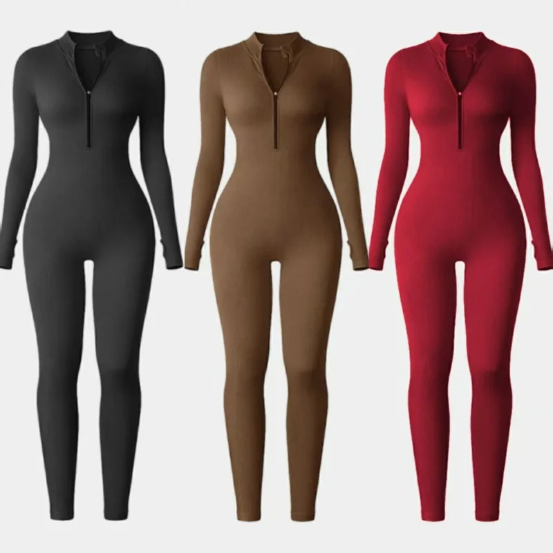 

Женский комбинезон с длинными рукавами и застежкой-молнией, тонкий комбинезон для тренировок в тренажерном зале, бега, йоги, женские комбинезоны с v-образным вырезом, плотная спортивная одежда для фитнеса