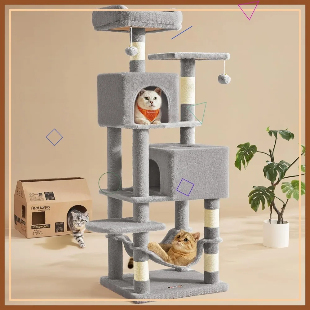 

59.5-Inch Cat Tree with Scratching Posts, Perches, Caves, Hammock & Pompoms, Light Gray