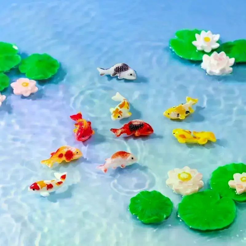 Resin Koi Fish Figurines Vivid Multicolor Lotus Ornaments For Aquarium Bonsai Micro Landscape Decor Mini