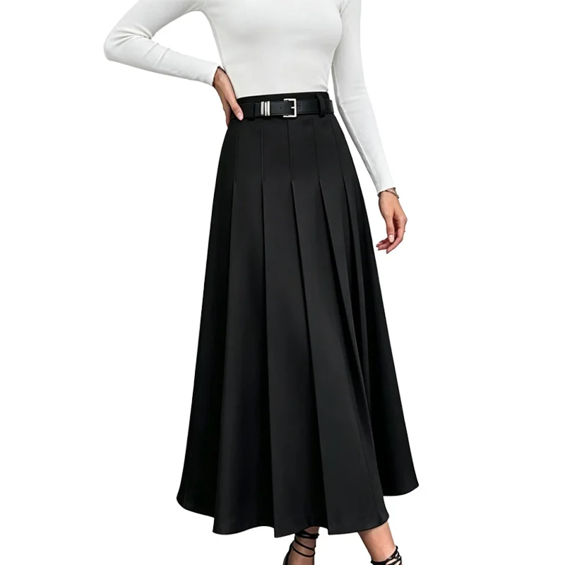 Pleated Skirt for Women Female High Waist Solid Color Vintage A-Line Stretchy Business Casual Chic Fashion Dress Girls JK Skirts