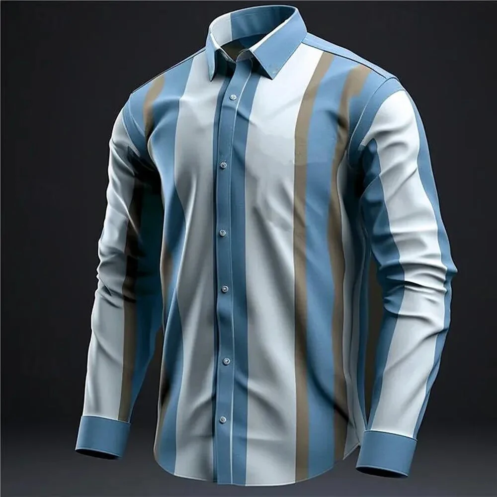Men's Colored Stripe Contrast Color 3D Printed Button Long Sleeve Shirt Comfortable Breathable Men's Shirt Slim Design Men's
