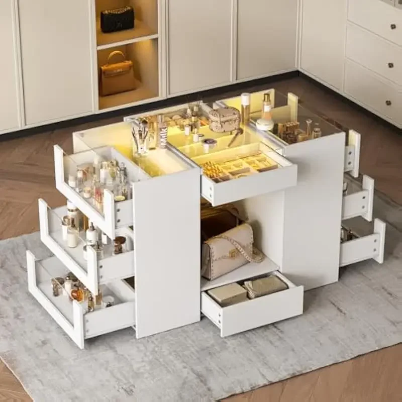 White closet island featuring 10 distinct drawers, integrated LED lighting, tempered glass top and open shelving for versatile s