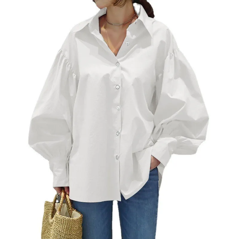 

Casual Shirt Lantern Sleeve Turn-down Collar Blouse 2026 Spring Summer Women's Office Ladies Shirt Loose Solid Color Top