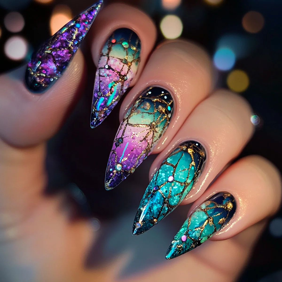 Medium fake nails for women gilrs gradient blue pink starry sky star moon Y2K design Almond nail tips press on false nail set
