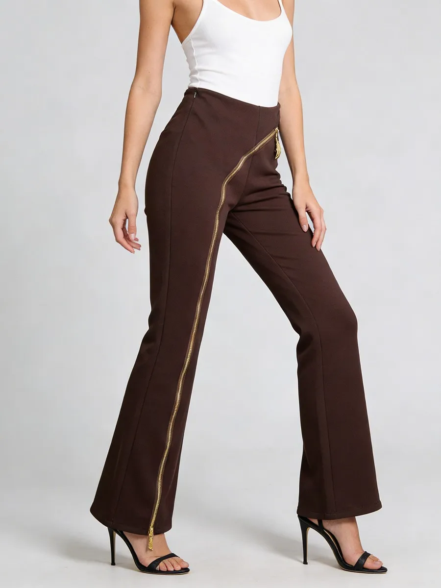 Metal Zipper Design Micro Flare Pants for Women Spring High Waist Aesthetic Bootcut Pant Female Slim Trousers Streetwear 2026