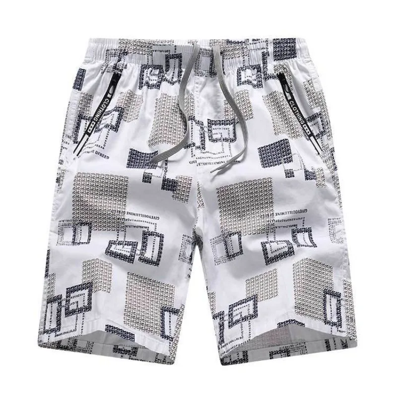 

Men's Geometric Print Shorts Drawstring Waist Loose Fit Casual Knee Length Shorts In White