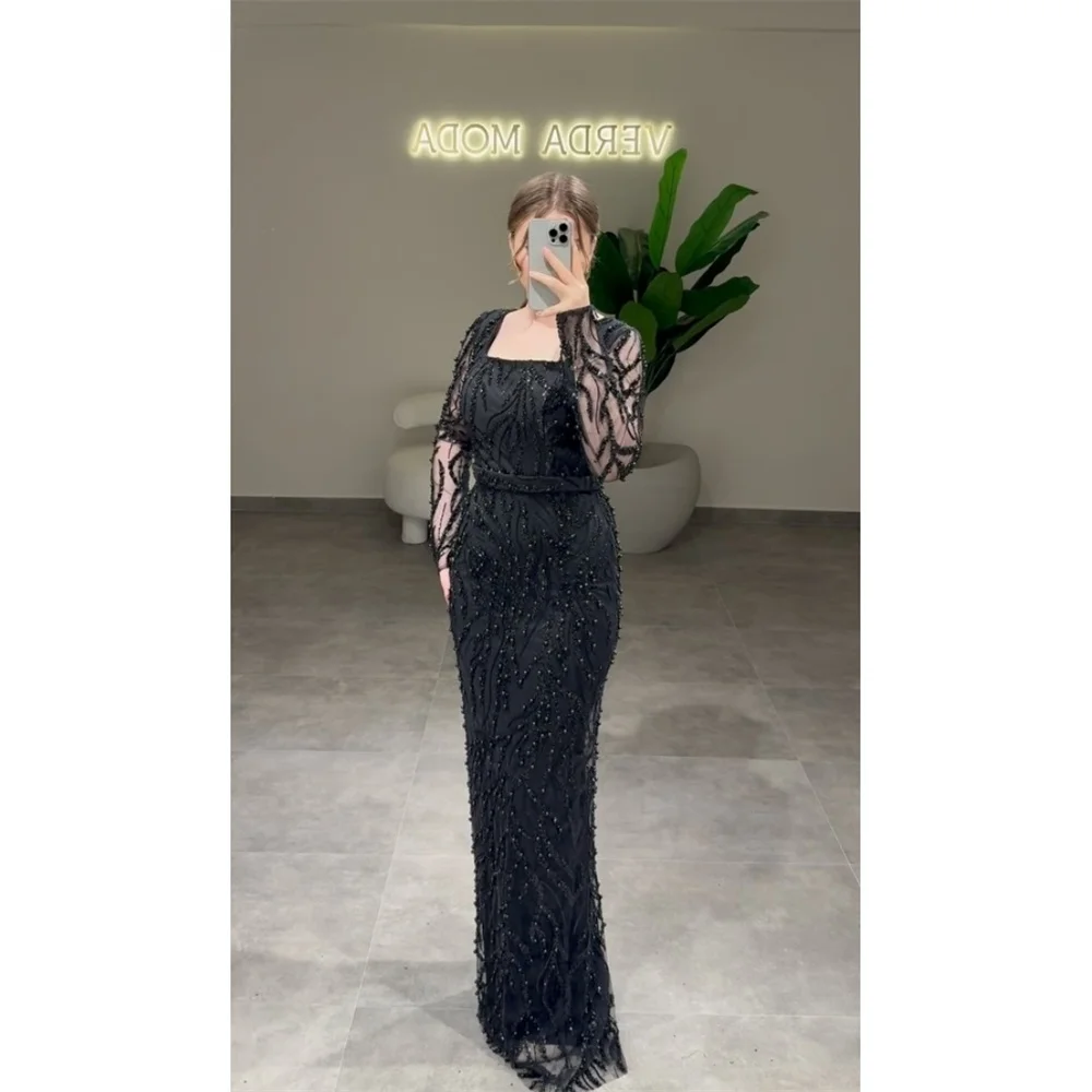 

Mina Customized Beads Luxurious Women's Evening Dresses for Special Occasions Square Collar Elegant Party Dresses Woman Black