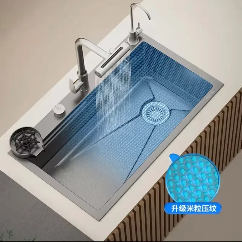304 Stainless Steel Kitchen Sink Faucet with Pull Out Sprayer Hot and Cold Water Rotating Spout Waterfall Design for Washing