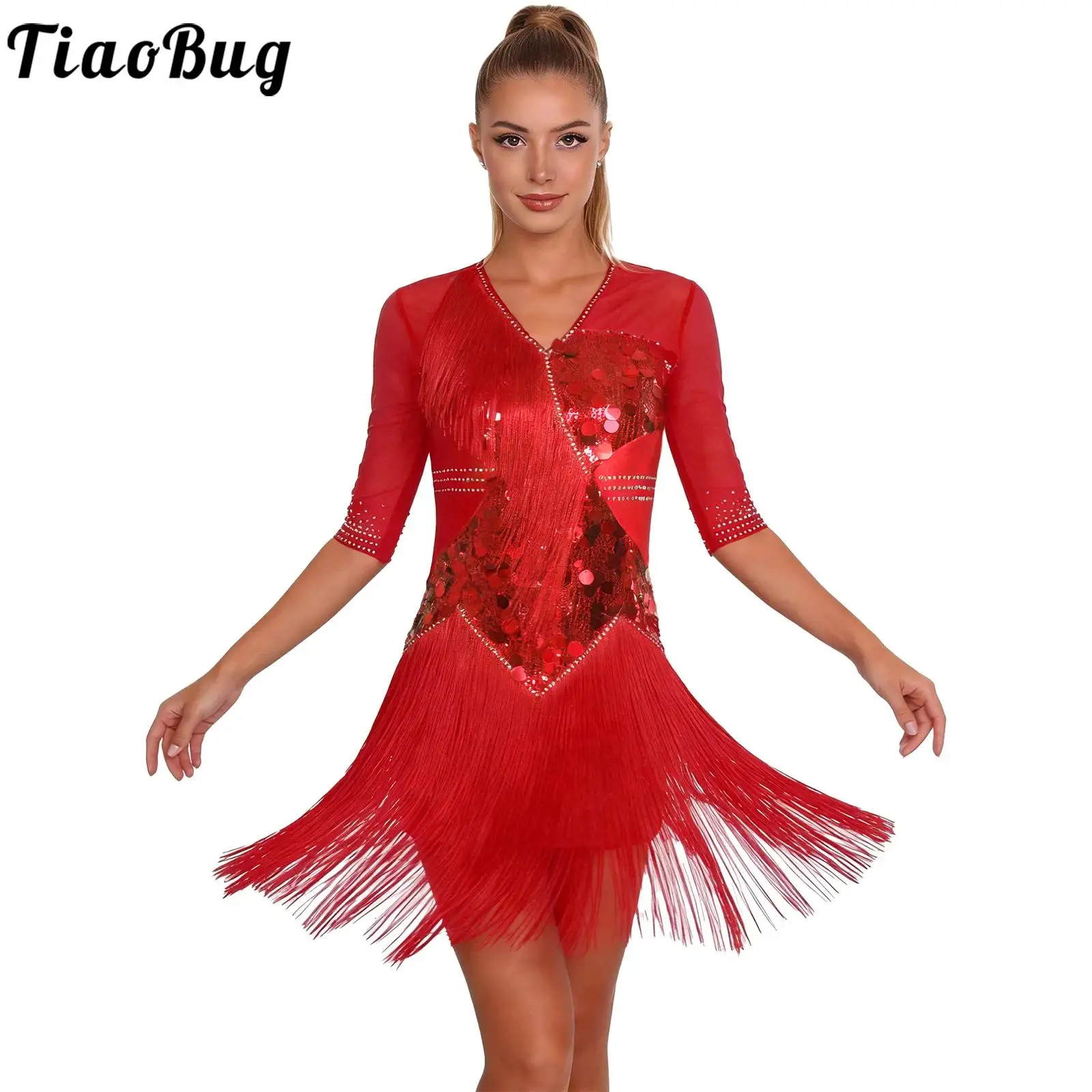 

Женское платье для латинских танцев ча-ча, танго, сальсы, блестящие блестки и стразы, многоуровневое платье с короткими рукавами и кисточками, танцевальная одежда для джаза, румбы