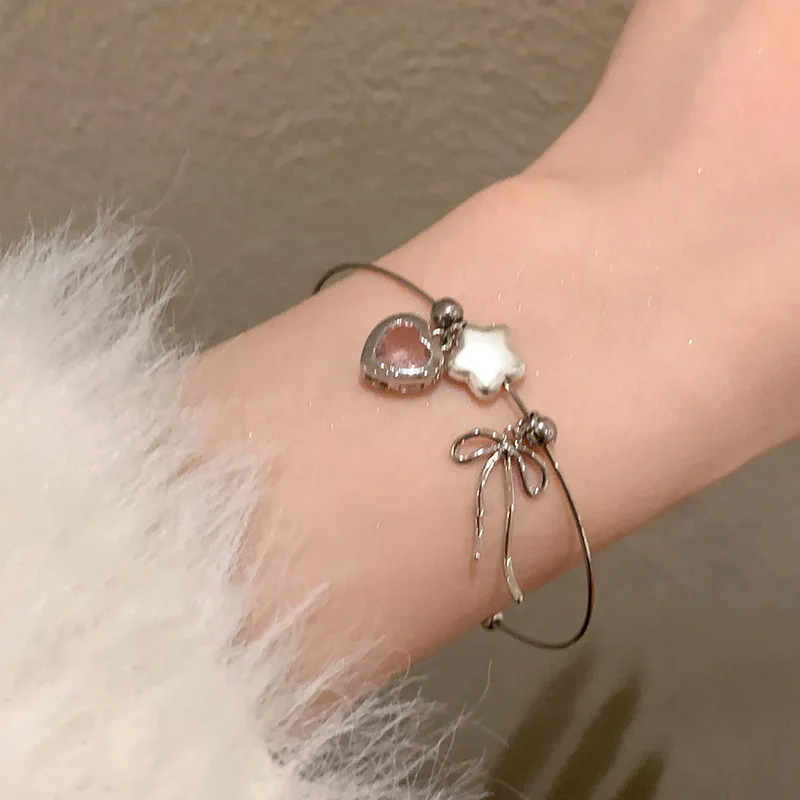 Kpop Pink Crystal Zircon Heart Bowknot Star Pendant Bracelet for Women Simple Cuff Charm Bracelet Aesthetic Y2K Jewelry Gift