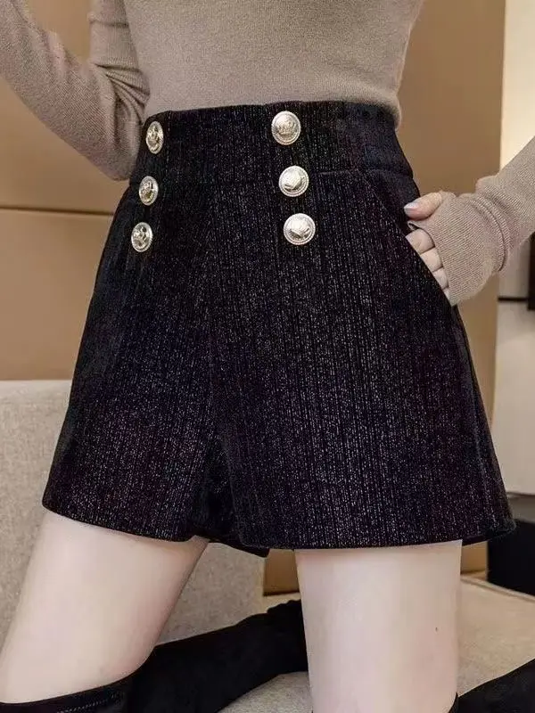 Spodnie damskie z cekinami, z wysokim stanem, rozkloszowane, z szerokimi nogawkami, do botków, jesienno-zimowe, nowe, eleganckie, z podwójnymi guzikami, w stylu koreańskim.