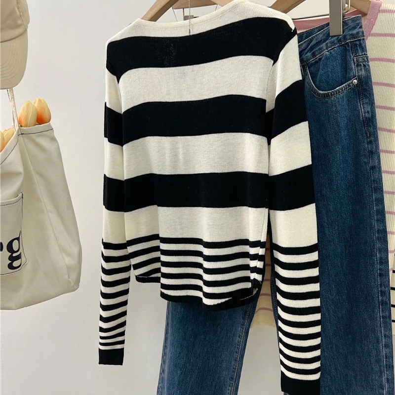 Fake Two Pieces Striped Pullovers Women Vintage V-neck Sweaters Loose Autumn Winter Casual Basics Stylish Long Sleeve Knitwear